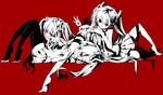  bad_id bad_pixiv_id clone detached_sleeves equ hatsune_miku long_hair monochrome multiple_girls red_eyes simple_background skirt smile spot_color thighhighs twintails vocaloid zettai_ryouiki 