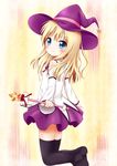  aoba_(kona) bad_id bad_pixiv_id blonde_hair blue_eyes blush boots cosplay detached_sleeves hat jumping long_hair mirakurun mirakurun_(cosplay) skirt smile solo thigh_boots thighhighs toshinou_kyouko wand witch_hat yuru_yuri 