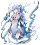  blue_eyes blue_hair breasts broken character_request cleavage crossover cytus deemo lestored_cro long_hair mask medium_breasts parousia_(deemo) sairai_(deemo) solo song_name tattoo tears 