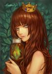  axis04 blue_eyes blue_nails brown_hair crown dew_drop frog frog_prince jar long_hair looking_at_viewer mole mole_under_eye nail_polish original plant smile solo water_drop 