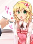  :o all_fours bad_id bad_pixiv_id blonde_hair feeding green_eyes hairband highres idolmaster idolmaster_cinderella_girls paopao pink_hairband producer_(idolmaster) sakurai_momoka short_hair spoon 