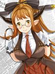  blush bow breasts brown_eyes brown_hair clenched_hand draph glasses gloves granblue_fantasy hair_bow horns ky_kosuke large_breasts long_hair looking_at_viewer magnifying_glass necktie newspaper pointy_ears ponytail sarya_(granblue_fantasy) smile solo white_gloves 