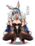  animal_ears black_legwear blue_eyes blue_hair bow bowtie breasts bunny_ears bunny_girl bunnysuit cleavage coat detached_collar double_w drooling fake_animal_ears gloves granblue_fantasy heart heart-shaped_pupils high_heels highres jacket_on_shoulders large_breasts pantyhose red_footwear shoes solo squatting symbol-shaped_pupils therese_(granblue_fantasy) tongue tongue_out w yunodon_(sugar_maple) 