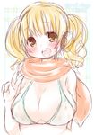  bad_id bad_pixiv_id bikini blonde_hair blush breasts cleavage headphones huge_breasts idu_michito looking_at_viewer navel nitroplus open_mouth orange_eyes scarf short_hair smile solo super_pochaco swimsuit twintails v 