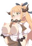  blue_ribbon blush breasts breasts_outside brown_hair disembodied_penis draph engrish fellatio glasses gloves granblue_fantasy hair_ribbon horns large_breasts long_hair monchan_rev3 nipples oral paizuri penis pointy_ears ponytail ranguage ribbon rimless_eyewear sarya_(granblue_fantasy) solo tears text_focus upper_body veins veiny_penis white_background white_gloves 