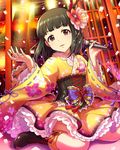  black_hair boots brown_eyes confetti corset cross-laced_footwear floral_print flower hair_flower hair_ornament holding idolmaster idolmaster_cinderella_girls lantern looking_at_viewer microphone niwa_hitomi open_mouth paper_lantern short_hair sitting solo sparkle wariza 