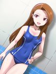  brown_hair covered_navel flat_chest hairband hand_on_hip idolmaster idolmaster_(classic) long_hair minase_iori muhi11234 one-piece_swimsuit open_mouth red_eyes school_swimsuit solo swimsuit 