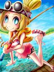  1girl blonde_hair blue_eyes coraline coraline_(nintendo) fishing_pole looking_at_viewer nintendo sandals smile streetpass_fishing sunglasses ultimate_angler 