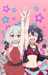  2girls :d arm_up armpits belt black_hair blue_eyes dress eyes_closed flower frills fur_collar fur_trim hair_flower hair_ornament idol index_finger_raised jacket konno_junko long_hair microphone midriff mizuno_ai multiple_girls navel open_mouth pink_background short_hair silver_hair skirt sleeveless sleeveless_dress sleeveless_jacket smile star starry_background strapless tubetop yuzuruka_(bougainvillea) zombie_land_saga 