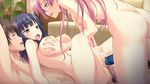  1boy 2girls blue_eyes blush breast_grab breasts censored character_request dildo glasses grabbing kanojo_to_no_gakuen_seikatsu_wo_hakai_suru,_ittsuu_no_tegami multiple_girls nipples nude peeing penetration pink_hair purple_eyes purple_hair pussy 