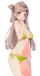  bare_shoulders bikini blush breasts brown_eyes brown_hair choker cleavage contrapposto cowboy_shot green_bikini hand_on_thigh hand_to_own_mouth highres large_breasts long_hair looking_at_viewer love_live! love_live!_school_idol_project minami_kotori navel one_side_up ooyari_ashito scan side-tie_bikini simple_background smile solo standing strap_gap string_bikini swimsuit white_background 