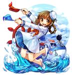  braid deemo deemo_(character) flag full_body girl_(deemo) harrymiao highres invite_(deemo) jumping looking_at_viewer sailor ship shorts smile song_name twin_braids water watercraft 