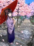  agetake black_hair blue_eyes cherry_blossoms flower hair_flower hair_ornament highres japanese_clothes kimono looking_at_viewer oriental_umbrella original pagoda parted_lips petals ponytail sandals smile solo stairs stone_lantern stone_stairs tabi tree umbrella white_legwear 