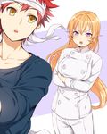  1girl bad_id bad_pixiv_id blush chef_uniform crossed_arms headband long_hair mery_(apfl0515) nakiri_erina open_mouth purple_eyes red_hair shokugeki_no_souma yellow_eyes yukihira_souma 