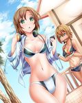  beach bikini breasts brown_hair cleavage day dutch_angle earrings green_eyes headphones idolmaster idolmaster_cinderella_girls jewelry jitome jude_(minority_lilac) kimura_natsuki large_breasts looking_at_viewer medium_breasts mouth_hold multiple_girls navel open_mouth outdoors short_hair stomach swimsuit tada_riina tankini triangle_mouth 
