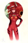  art_nouveau blue_eyes bodysuit breasts brown_hair cowboy_shot cropped_legs eva_02 evangelion:_2.0_you_can_(not)_advance hairpods hand_on_hip highres jasmin_darnell long_hair neon_genesis_evangelion plugsuit rebuild_of_evangelion shikinami_asuka_langley small_breasts solo souryuu_asuka_langley white_background 