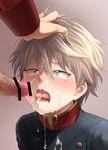  aldnoah.zero aqua_eyes bar_censor blush censored cum cum_on_clothes cum_on_hair facial hand_on_another's_head highres male_focus nyuusan penis silver_hair slaine_troyard tears tongue tongue_out uniform yaoi 