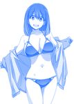  :d bikini blue breasts commentary_request getsuyoubi_no_tawawa himura_kiseki large_breasts monochrome navel open_mouth smile solo swimsuit 