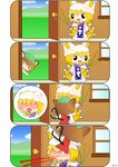  4koma :3 animal_ears blonde_hair blood blush_stickers brown_hair cat_ears cat_tail cattail chen comic dozy_(d_mendozer) dress fox_tail green_hat hat heart heart_eyes heart_tail jewelry mob_cap multiple_girls multiple_tails nekomata nosebleed o_o pillow_hat plant red_dress short_hair silent_comic single_earring tabard tail touhou two_tails white_dress yakumo_ran 