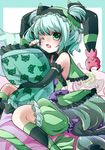  ;o aqua_hair astaroth_(p&amp;d) bare_shoulders bloomers body_pillow cauchemar_(p&amp;d) demon_girl demon_horns green_bloomers green_eyes hat horns jester_cap one_eye_closed open_mouth pillow pillow_hug puzzle_&amp;_dragons rubbing_eyes short_hair sitting solo takoyaki_kenken two_side_up underwear yawning 