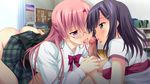  2girls ass blue_eyes blush bottomless censored character_request fellatio glasses handjob kanojo_to_no_gakuen_seikatsu_wo_hakai_suru,_ittsuu_no_tegami mosaic_censoring multiple_fellatio multiple_girls oral penis pink_hair purple_eyes purple_hair teamwork 