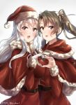  2girls alternate_costume belt brown_eyes dress eyebrows_visible_through_hair fur_trim gloves gradient gradient_background green_hair hair_between_eyes hair_ribbon hat heart heart_hands heart_hands_duo juurouta kantai_collection long_hair looking_at_viewer merry_christmas multiple_girls red_dress ribbon santa_costume santa_gloves santa_hat shoukaku_(kantai_collection) smile twintails white_gloves white_hair zuikaku_(kantai_collection) 