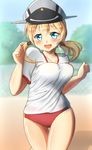  blonde_hair blue_eyes bouncing_breasts breasts buruma clenched_hands girly_running gym_uniform hat highres kantai_collection maku_ro medium_breasts open_mouth prinz_eugen_(kantai_collection) running solo sweat twintails 