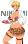  :q american_flag_bikini bad_id bad_pixiv_id banned_artist belt bikini bikini_top blonde_hair breasts choker cleavage dark_skin flag_print food hand_on_hip highres large_breasts meat midriff mito_ikumi navel shirt shokugeki_no_souma short_hair solo swimsuit tied_shirt tongue tongue_out yuzuha 