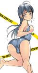 1boy ahoge androgynous ass black_hair blush bulge from_behind kneeling long_hair looking_back one-piece_swimsuit rand_(artist) sketch testicles trap 