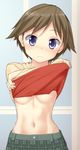  akai_ronii blue_eyes blush breasts brown_hair commentary contemporary hiei_(kantai_collection) kantai_collection looking_at_viewer medium_breasts midriff navel no_hairband short_hair solo stomach underboob undressing 