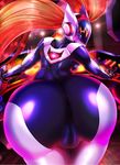  alternate_costume ass bodysuit close_up dj helmet highres huge_ass latex_suit league_of_legends looking_back pov_ass pussy red_hair shiny shiny_clothes solo sona_buvelle twintails 