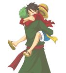  2boys black_hair green_hair hat hug long_sleeves male_focus monkey_d_luffy multiple_boys one_piece red_shirt robe roronoa_zoro sandals sash shirt shorts simple_background smile straw_hat white_background 