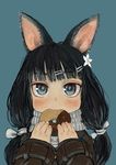  animal_ears bangs black_hair blue_background blue_eyes blunt_bangs dog_ears doughnut eating ebimomo flower food hair_flower hair_ornament jitome looking_at_viewer low_twintails original scarf simple_background solo twintails 