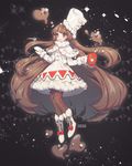  boots brown_eyes brown_hair capelet character_name cocoa_cookie cookie_run cup dress food full_body gloves hat heart hot_chocolate long_hair long_sleeves marshmallow mug pantyhose personification rwael snowflake_print solo very_long_hair white_dress white_gloves 