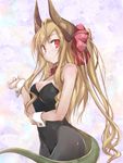  blonde_hair bow bowtie breasts cleavage detached_collar horns large_breasts leotard long_hair original pantyhose playboy_bunny_leotard ponytail red_eyes solo tail wrist_cuffs yumesato_makura 