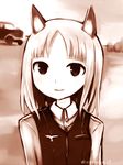  animal_ears bad_id bad_twitter_id brave_witches car edytha_rossmann fox_ears ground_vehicle long_hair looking_at_viewer military military_uniform monochrome motor_vehicle ninomae01 sepia smile solo twitter_username uniform upper_body vest world_witches_series 