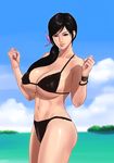  bikini black_bikini black_eyes bracelet breasts cleavage covered_nipples dead_or_alive hair_over_shoulder jewelry kokoro_(doa) large_breasts long_hair navel ponytail smile solo swimsuit tatsunami_youtoku thighs underboob 