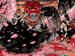  1girl 2boys abs belt black_dress black_hair black_shoes cherry_blossoms cherry_tree cover cover_page crossed_arms dragon dress earrings flower formal green_hair hat headwear_removed jacket jewelry long_sleeves monkey_d_luffy multiple_boys nami nami_(one_piece) necklace oda_eiichirou official_art one_piece open_shirt orange_hair petals roronoa_zoro ruins scar sheathed_sword shirt shoes sitting staircase stairs stampede_string statue straw_hat suit tattoo tree wink 