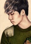  1boy bigbang brown_hair daesung earrings eyes_closed green_shirt highres jewelry k-pop long_sleeves male_focus musician patch photorealistic portrait profile realistic sasha_pak shirt simple_background solo sweater traditional_media two-tone_hair 