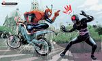  absurdres anger_vein battle_hopper building church commentary crossover highres kamen_rider kamen_rider_black kamen_rider_black_(series) kikomauriz lamppost looking_at_another marvel multiple_boys salute silk spider-man spider-man_(series) spider_web spider_web_print squatting superhero twig 