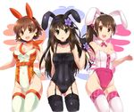  :d adapted_costume animal_ears bad_id bad_pixiv_id bare_shoulders black_gloves black_gothic_dress_(idolmaster) black_legwear black_leotard breasts brown_eyes brown_hair bunny_ears bunnysuit cleavage covered_navel cowboy_shot detached_collar earrings fake_animal_ears garter_straps gloves highres honda_mio idolmaster idolmaster_cinderella_girls jewelry large_breasts leotard long_hair looking_at_viewer medium_breasts multiple_girls open_mouth orange_leotard paopao pink_check_school pink_legwear pink_leotard ponytail shibuya_rin shimamura_uzuki short_hair smile striped sunset_nostalgie thighhighs vertical_stripes white_legwear white_leotard 