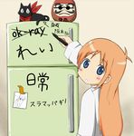  1girl black_cat blonde_hair blue_eyes cat freezer long_hair looking_back nichijou ok-ray professor_shinonome sakamoto_(nichijou) scarf 