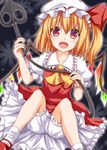  ascot blonde_hair bloomers dress fangs flandre_scarlet hat hat_ribbon jacket kue laevatein mob_cap open_clothes open_mouth puffy_short_sleeves puffy_sleeves red_dress red_eyes ribbon shirt short_sleeves side_ponytail sitting smile solo touhou underwear upskirt wings 