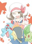  ;d bow brown_eyes brown_hair chikorita cyndaquil gen_2_pokemon hat hat_bow index_finger_raised kotone_(pokemon) looking_at_viewer one_eye_closed open_mouth pokemon pokemon_(creature) red_bow red_eyes shitorasu simple_background smile star totodile white_background white_hat 