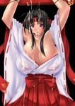  1girl absurdres areolae arms_up black_hair blush breasts cleavage female gigantic_breasts highres hiiaru lactation looking_at_viewer miko milk_leaking_through_clothing nipples purple_eyes queen&#039;s_blade queen's_blade see-through shiny_skin skindentation solo tomoe wet 