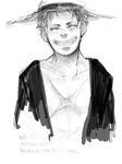  1boy eyes_closed hat long_sleeves male_focus monkey_d_luffy monochrome one_piece open_shirt scar shirt sketch smile solo straw_hat tegaki white_background 