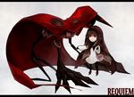  ankle_boots boots commentary cytus deemo deemo_(character) dress girl_(deemo) height_difference hood lestored_cro looking_up pantyhose parody red_eyes song_name standing 
