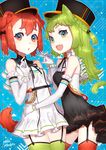  :d animal_ears bow braid cat_ears cat_tail dog_ears dog_tail dress elbow_gloves garter_straps gloves green_eyes green_hair green_legwear hair_bow hat looking_at_viewer mika_pikazo multiple_girls open_mouth original red_eyes red_hair red_legwear sleeveless smile tail thighhighs white_gloves 