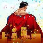  1boy back black_hair cape city confetti dc_comics kryptonian male_focus red_cape solo superman superman_(series) 