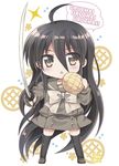  ahoge black_hair black_legwear bread brown_eyes chibi food long_hair melon_bread romaji school_uniform shakugan_no_shana shana shana-tan standing sword tachitsu_teto thighhighs triangle_mouth very_long_hair weapon 